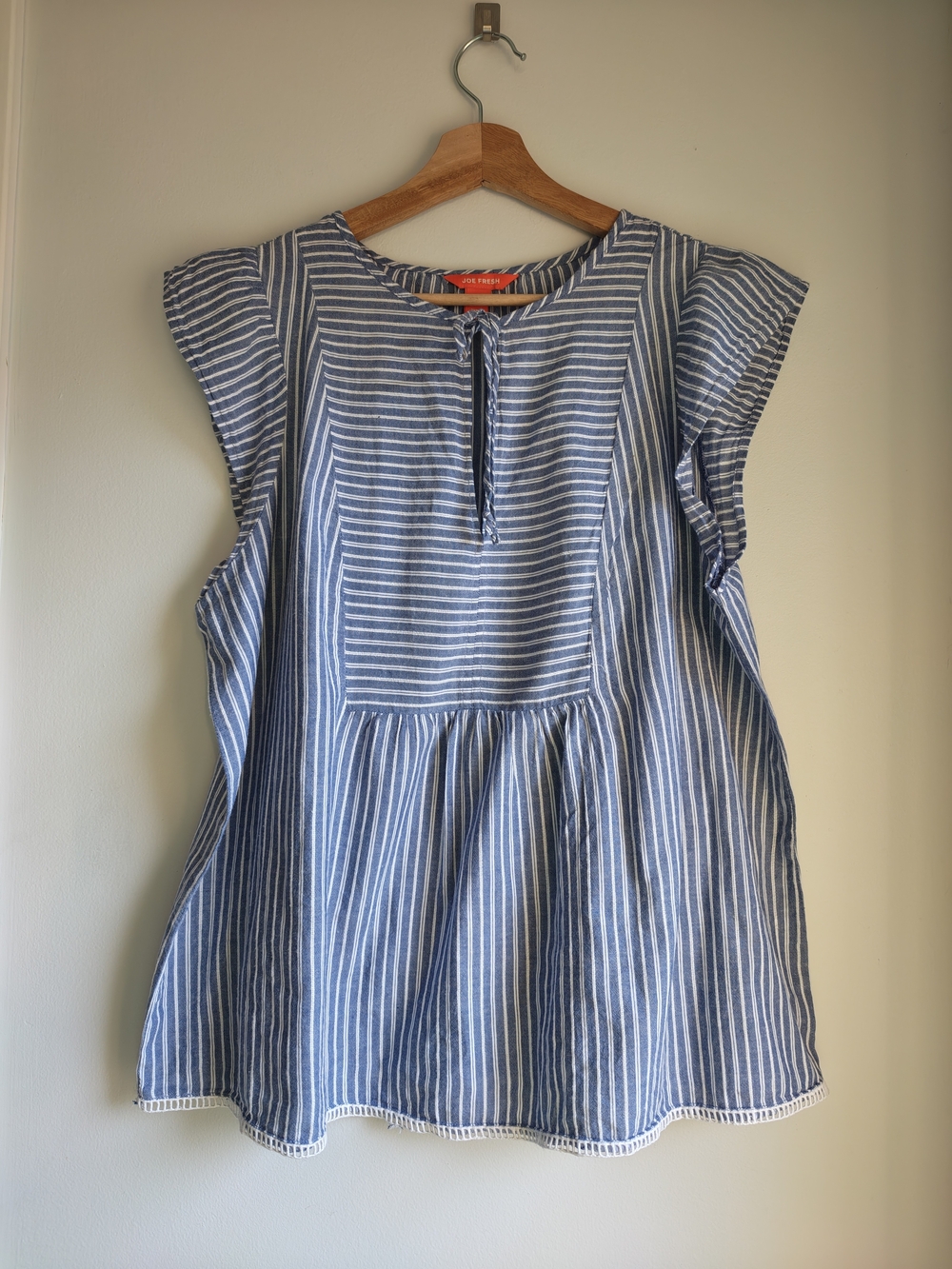 Joe Fresh Blue and White Striped Cap-Sleeve Peasant Blouse Size L